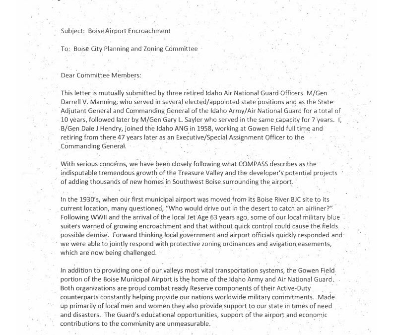 Joint Letter from Generals Hendry, Manning and Sayler Cautions Against Development Encroaching on Airport and Gowen Field